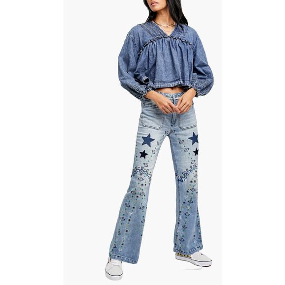 Free People Delphine High-Waist Embroidered Flare Jeans - Picture 1 of 11